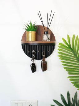 Cinch Home - Modern Round Wooden Key Holder with Shelf Walnut Finish - Black