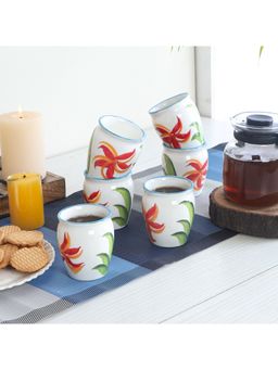 CDI - White & Red Printed Ceramic Matte Cups Set of 6 Handcrafted Tea Kullar Cups