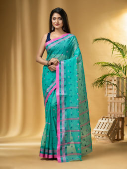 DESH BIDESH - Women's Traditional Pure Cotton Handloom Turquoise Saree Without Blouse Piece