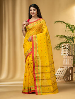 DESH BIDESH - Women's Traditional Pure Cotton Handloom Yellow Saree Without Blouse Piece