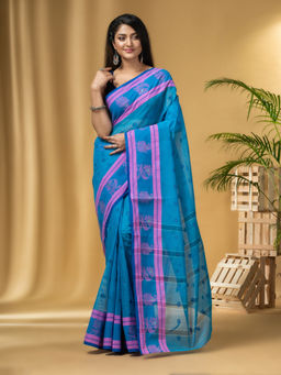 DESH BIDESH - Women's Traditional Tant Pure Handloom Blue Cotton Saree Without Blouse Piece