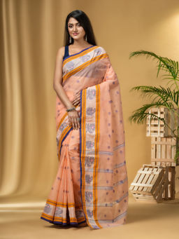 DESH BIDESH - Women's Traditional Tant Pure Handloom Peach Cotton Saree Without Blouse Piece