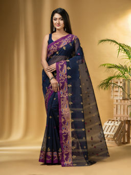 DESH BIDESH - Women's Traditional Pure Cotton Handloom Navy Blue Saree Without Blouse Piece