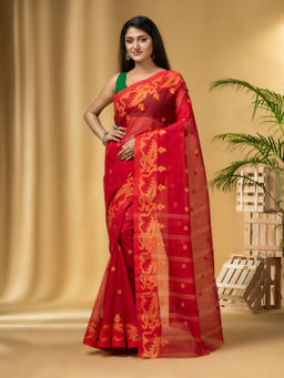 DESH BIDESH - Women's Traditional Pure Cotton Handloom Red Saree Without Blouse Piece