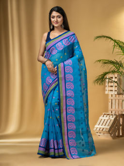 DESH BIDESH - Women's Traditional Pure Cotton Handloom Blue Saree Without Blouse Piece