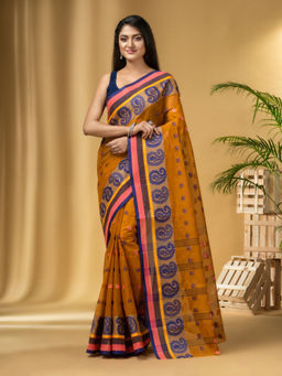 DESH BIDESH - Women's Traditional Pure Cotton Handloom Orange Saree Without Blouse Piece