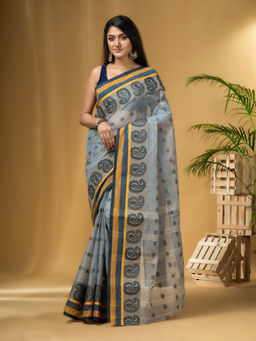 DESH BIDESH - Women's Traditional Pure Cotton Handloom Grey Saree Without Blouse Piece