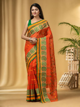 DESH BIDESH - Women's Traditional Pure Cotton Handloom Orange Saree Without Blouse Piece