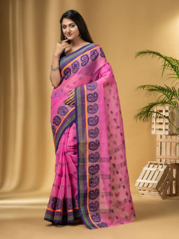DESH BIDESH - Women's Traditional Pure Cotton Handloom Pink Saree Without Blouse Piece