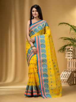 DESH BIDESH - Women's Traditional Pure Cotton Handloom Yellow Saree Without Blouse Piece