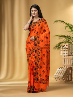 DESH BIDESH - Women's Pure Cotton Handloom Orange Saree With Unstitched Blouse