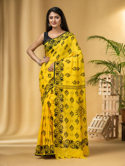 DESH BIDESH - Women's Pure Cotton Handloom Yellow Saree With Unstitched Blouse
