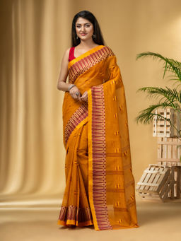 DESH BIDESH - Women's Traditional Pure Cotton Handloom Orange Saree Without Blouse Piece