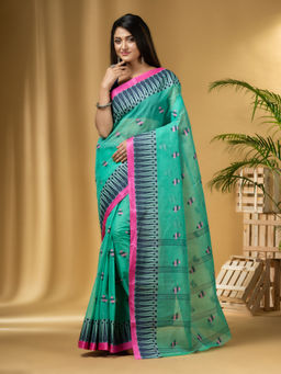 DESH BIDESH - Women's Traditional Pure Cotton Handloom Blue Saree Without Blouse Piece