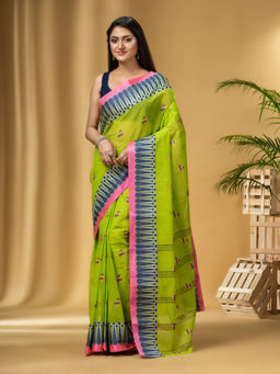 DESH BIDESH - Women's Traditional Pure Cotton Handloom Green Saree Without Blouse Piece