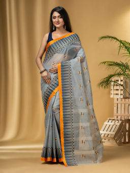 DESH BIDESH - Women's Traditional Pure Cotton Handloom Grey Saree Without Blouse Piece