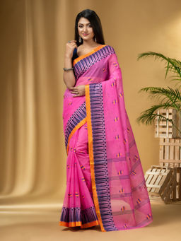 DESH BIDESH - Women's Traditional Pure Cotton Handloom Pink Saree Without Blouse Piece