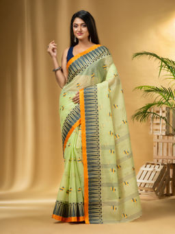 DESH BIDESH - Women's Traditional Pure Cotton Handloom Green Saree Without Blouse Piece