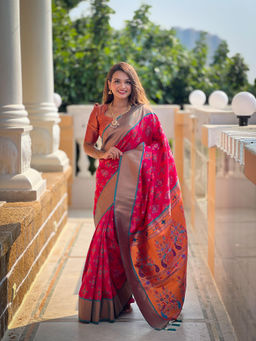 JATRIQQ - Rani Pink Soft Pathani Silk Saree With Unstitched Blouse