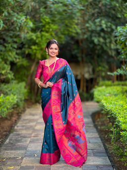 JATRIQQ - Rama Soft Pathani Silk Zari Weaving Meenakari Saree With Unstitched Blouse