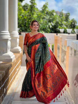 JATRIQQ - Green Soft Pathani Silk Zari Weaving Meenakari Saree With Unstitched Blouse