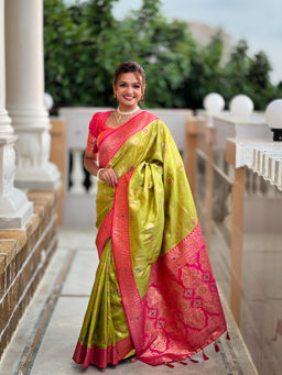 JATRIQQ - Popati Green Soft Pathani Silk Saree With Unstitched Blouse