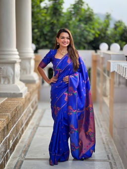 JATRIQQ - Royal Blue Soft Pathani Silk Saree With Unstitched Blouse