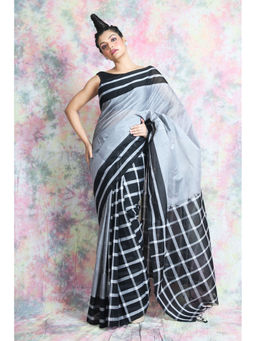 Arhi - Silver Blended Cotton Handwoven Soft Box Design Saree With Unstitched Blouse