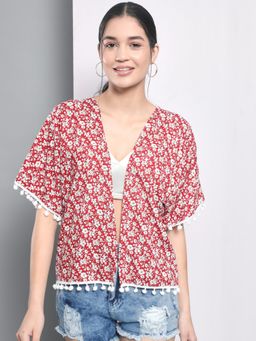 Trend Arrest - Red Floral Printed Pom Pom Shrug