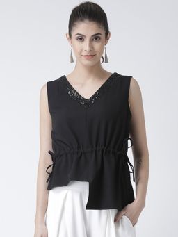 KASSUALLY - Black Asymmetrical Ruched Top