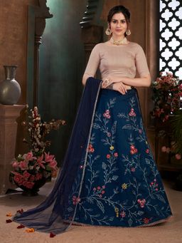Odette - Festive Designer Navy Blue Semi Stitched Lehenga With Unstitched Blouse (Set of 3)