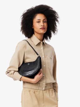 Lacoste - Black Small Chantaco Embossed Leather Half Moon Bag