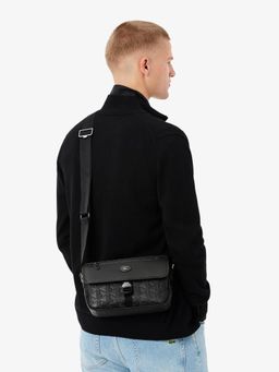 Lacoste - Black Small Nomogramme Leather Flap Sling Bag