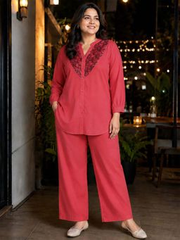 Qurvii - Coral Cotton Sequined Co Ord Set