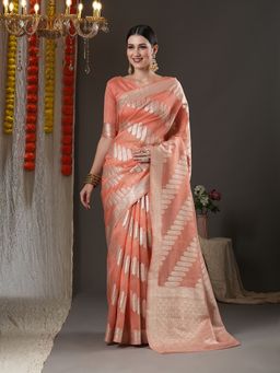 Akhilam - Womens Organza Peach Woven Design Designer Saree with Unstitched Blouse