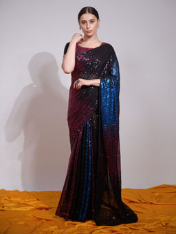 Odette - Pink & Blue Embellished Georgette Saree with Unstitched Blouse
