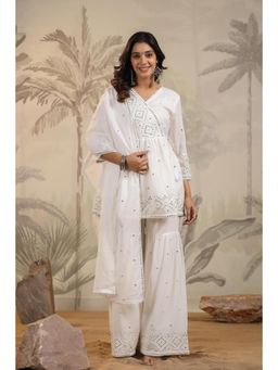 Scakhi - Off-White Mirror Embroidered Peplum Kurta With Sharara And Dupatta (Set of 3)