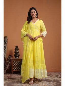 Scakhi - Lemon Mulmul Mirror Embroidered Anarkali Kurta With Pant And Dupatta (Set of 3)