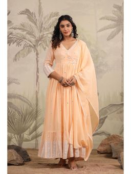 Scakhi - Peach Mulmul Mirror Embroidered Anarkali Kurta With Pant And Dupatta (Set of 3)