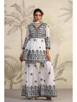 Scakhi - White-Black Mirror Embroidered Peplum Kurta With Sharara And Dupatta (Set of 3)