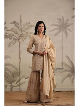 Scakhi - Beige Mulmul Mirror Embroidered Kurta With Sharara And Dupatta (Set of 3)