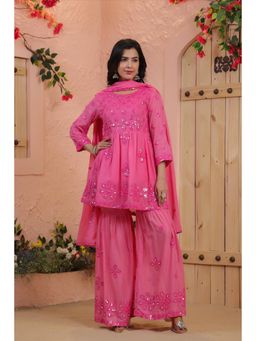 Scakhi - Pink Mirror And Sequin Embroidered Peplum Kurta Sharara With Dupatta (Set of 3)