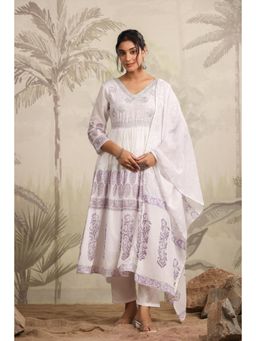 Scakhi - White And Lavender Block Printed Anarkali Kurta With Pant And Dupatta (Set of 3)