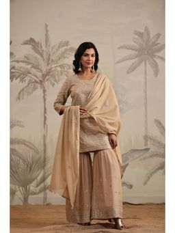 Scakhi - Beige Cotton Mirror And Sequin Embroidered Kurta With Sharara And Dupatta (Set of 3)