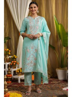 Scakhi - Turquoise Cotton Gota Work Kurta With Pant And Dupatta (Set of 3)