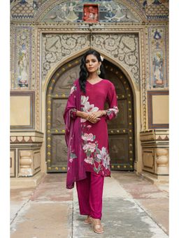 Scakhi - Burgundy Crepe Floral Print Kurta With Pant And Dupatta (Set of 3)