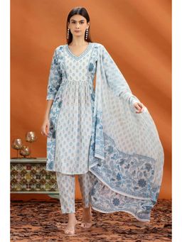 Cotton Culture - Off White Jaipuri A Line Floral Anarkali Kurta with Pant and Dupatta (Set of 3)