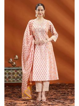 Cotton Culture - Off White Jaipuri A Line Floral Anarkali Kurta with Pant and Dupatta (Set of 3)