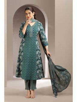 Cotton Culture - Green Jaipuri A Line Paisley Anarkali Kurta with Pant and Dupatta (Set of 3)