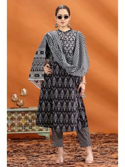 Cotton Culture - Black Jaipuri Geometric Anarkali Kurta With Pant and Dupatta (Set of 3)